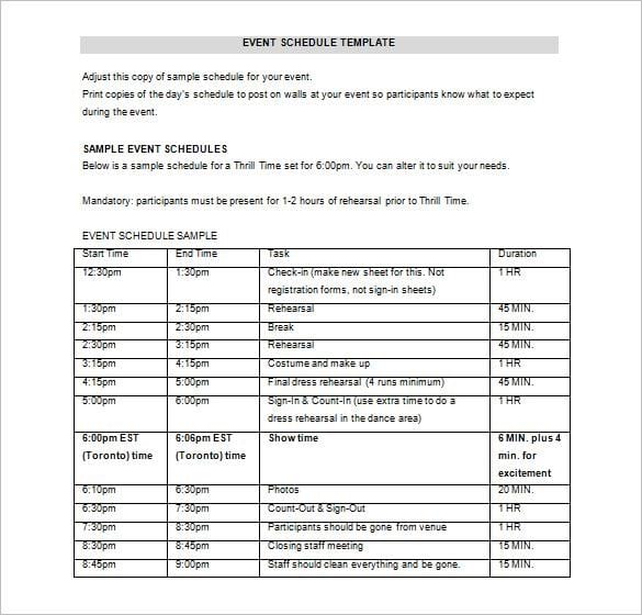 Sample event schedules