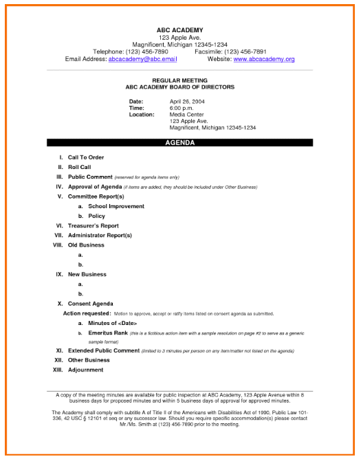 Board meeting agenda template 