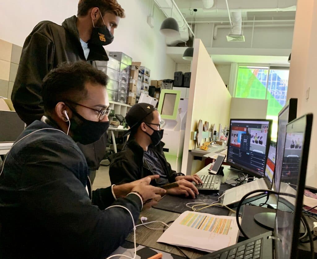 The onsite production team setting up for the upcoming event
