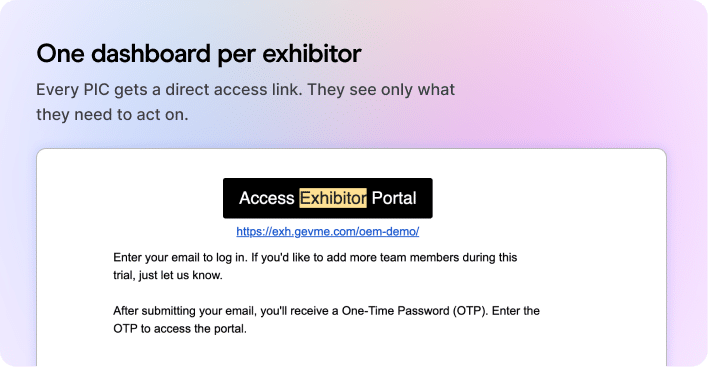 One dashboard per exhibitor