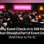 A long, crowded queue of attendees waiting at a manual event registration desk.