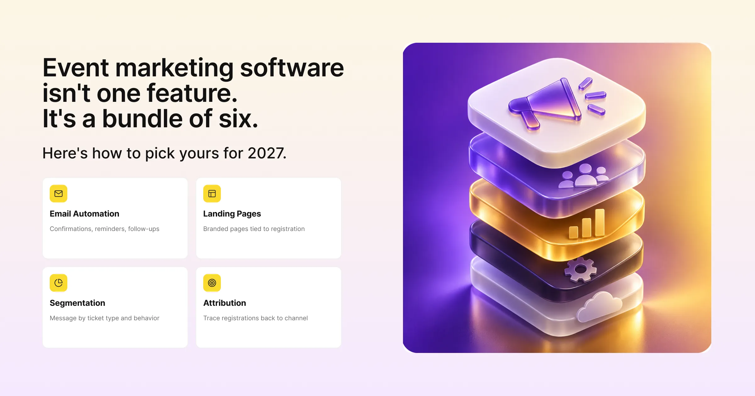 Event marketing software isn't one feature, it's a bundle of six: email, landing pages, segmentation, referrals, CRM integrations and attribution
