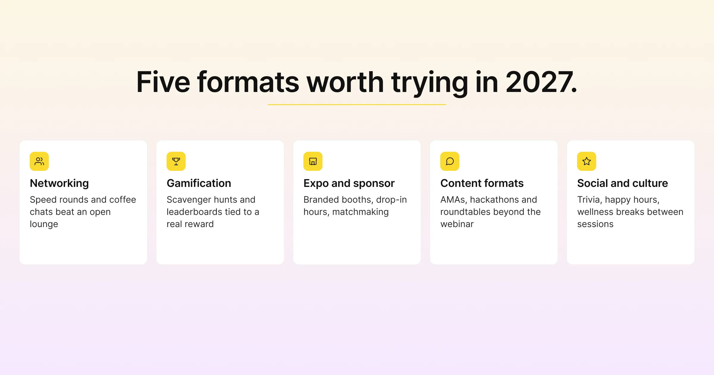 Five virtual event format categories worth trying in 2027: networking, participation, expo and sponsor, content, and social formats