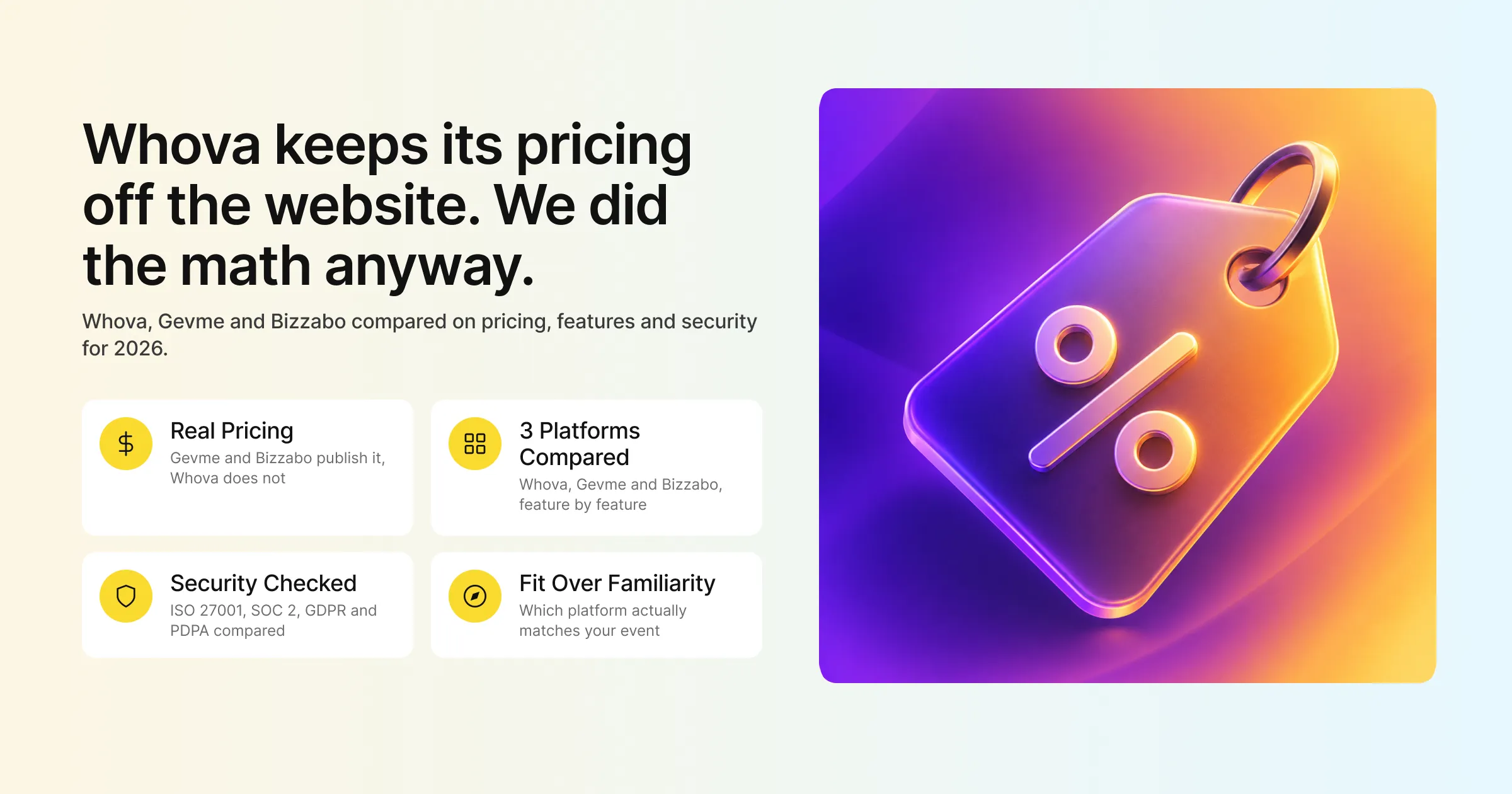 Whova keeps its pricing off the website, so we did the math anyway: Whova, Gevme and Bizzabo compared on pricing, features and security for 2026