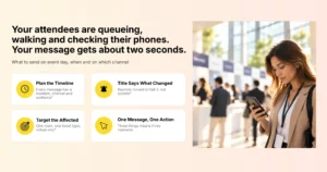 Attendees queueing and checking their phones: what to send on event day, when and on which channel