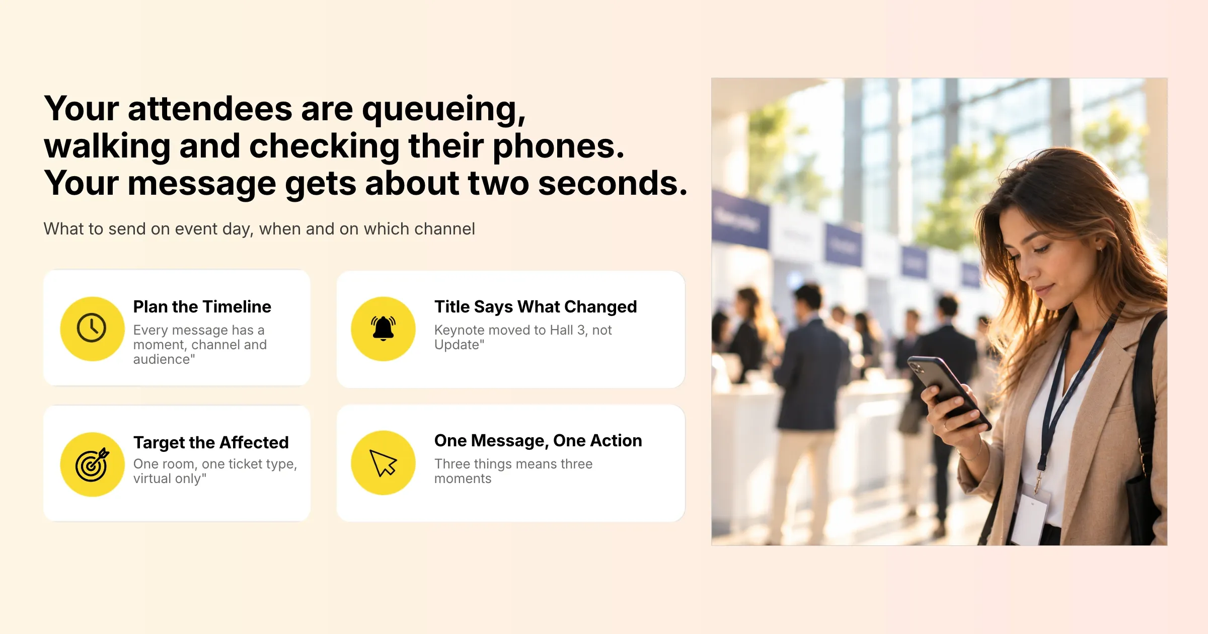 Attendees queueing and checking their phones: what to send on event day, when and on which channel