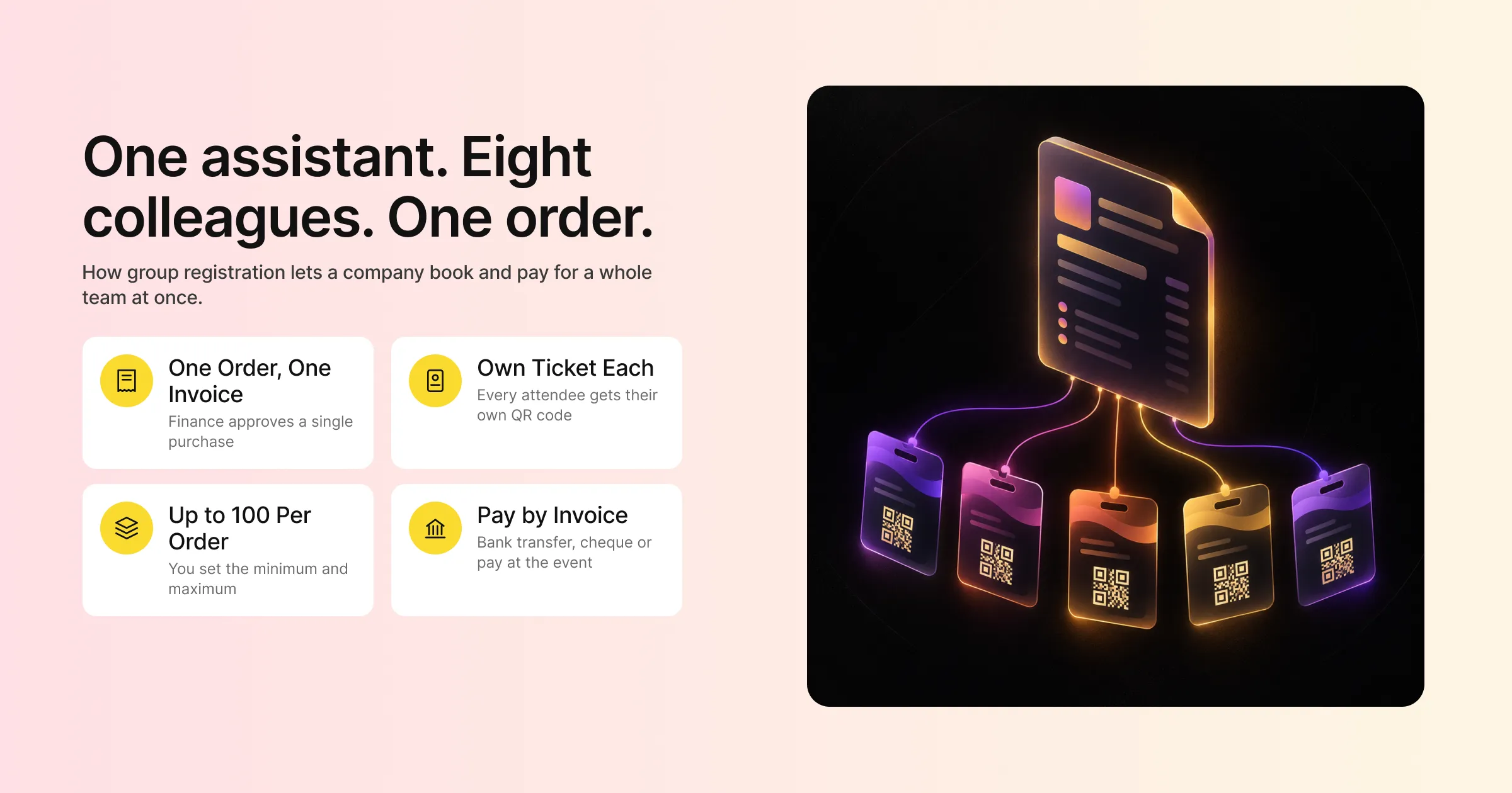 One assistant, eight colleagues, one order: how group registration lets a company book and pay for a whole team at once